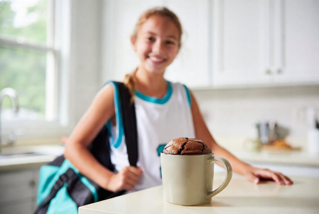 A teen athlete in a bright kitchen after practice with a chocolate protein mug cake on the counter.