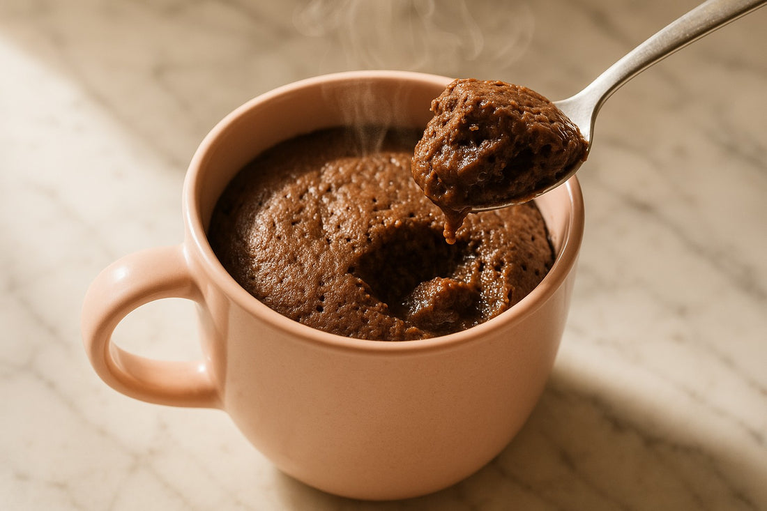A spoon lifting a soft, gooey bite out of a warm chocolate mug cake in a pink mug.