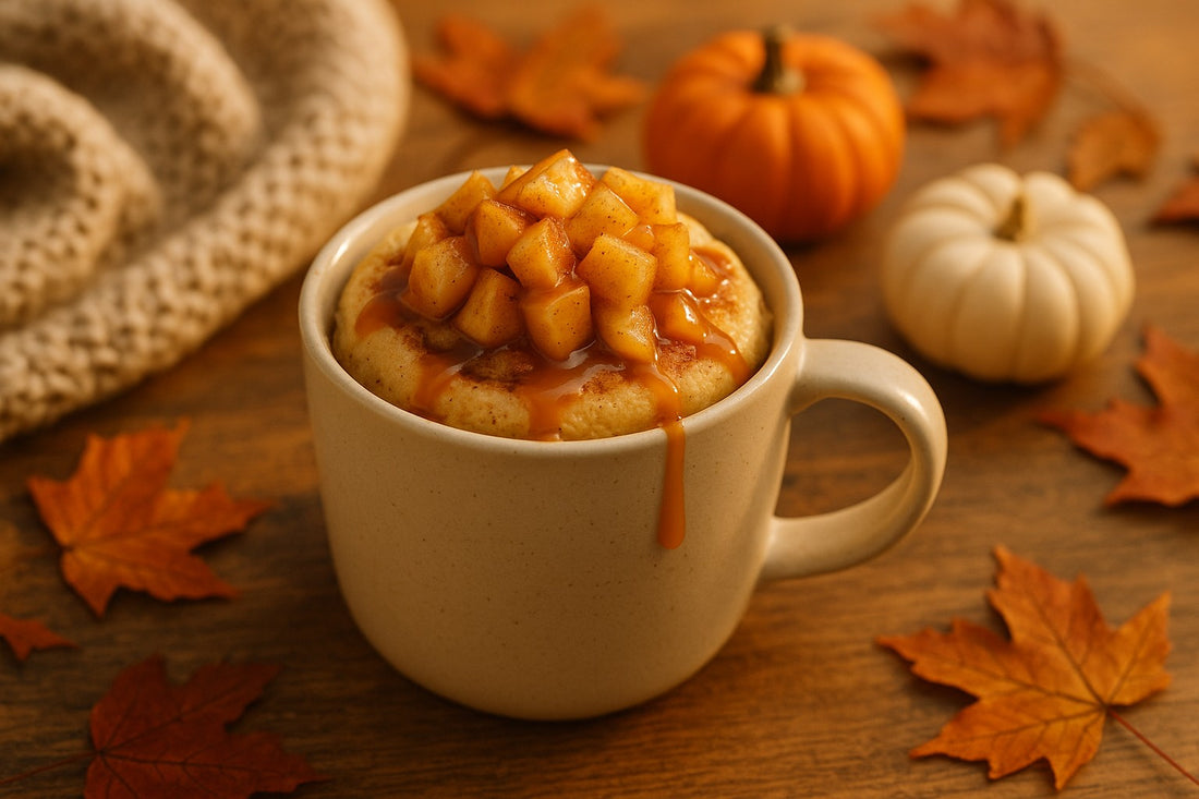 A cinnamon mug cake topped with warm apples and caramel, surrounded by small pumpkins and autumn leaves.
