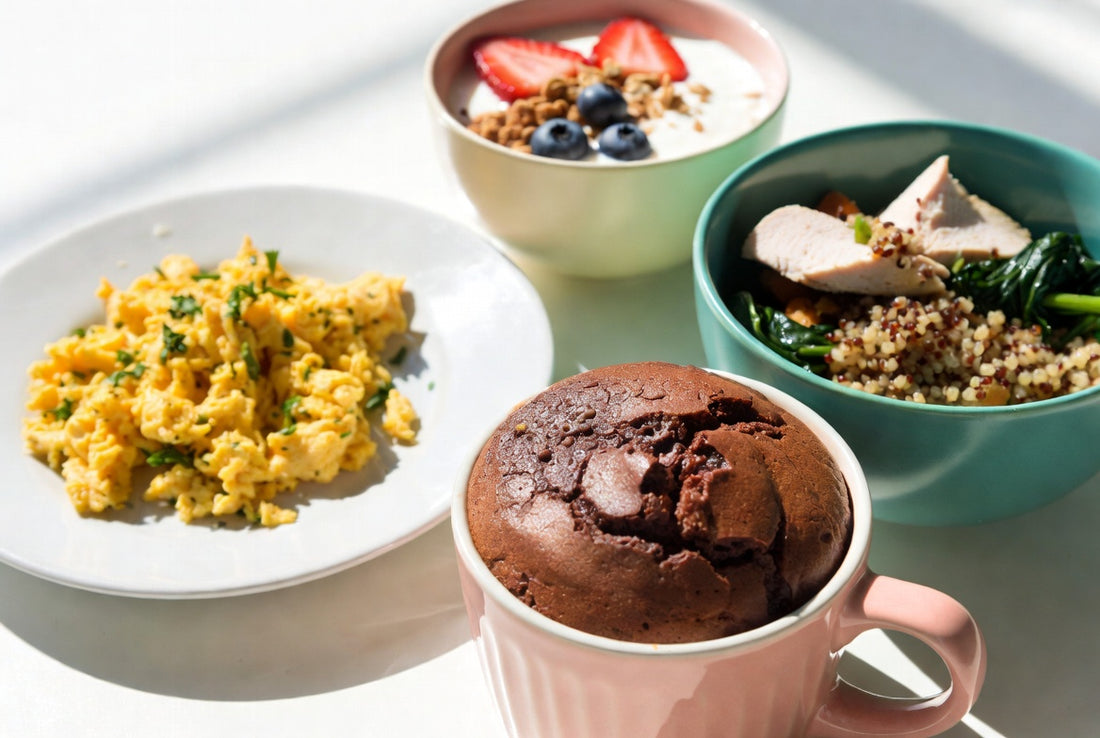 A high-protein day of meals: scrambled eggs, a yogurt-and-berry bowl, a chicken quinoa bowl, and a chocolate protein mug cake.