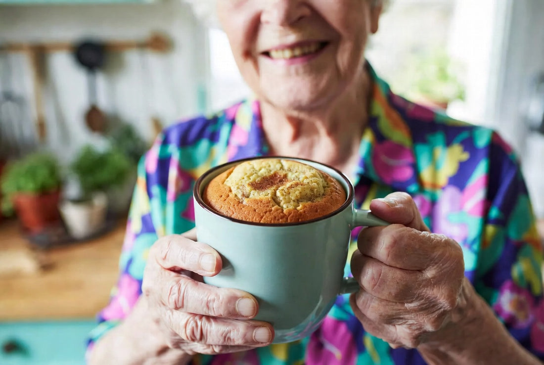 A cheerful older adult holding a freshly baked protein mug cake in a teal ceramic mug.
