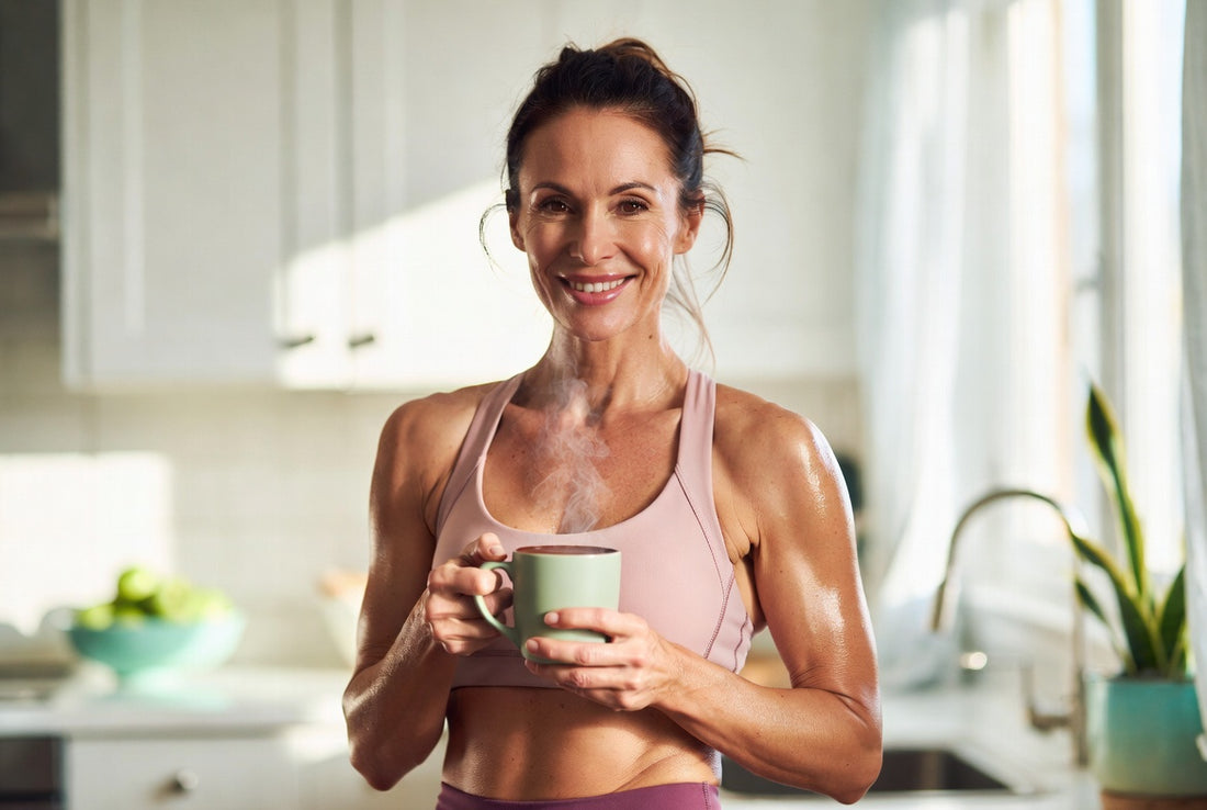 A fit woman in her late 40s smiling in a bright kitchen, holding a steaming mug after a workout.