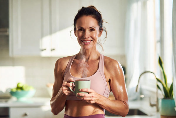 A fit woman in her late 40s smiling in a bright kitchen, holding a steaming mug after a workout.