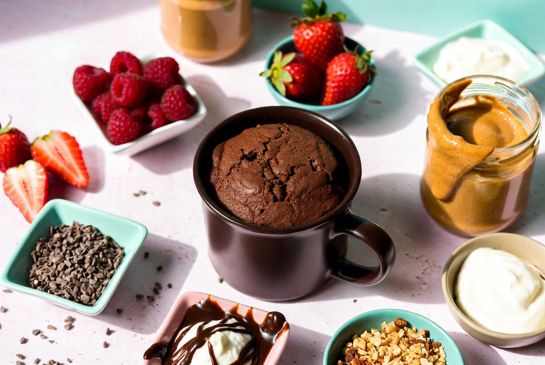 A chocolate protein mug cake surrounded by toppings: raspberries, strawberries, nut butter, Greek yogurt, cacao nibs, and glaze.