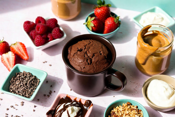 A chocolate protein mug cake surrounded by toppings: raspberries, strawberries, nut butter, Greek yogurt, cacao nibs, and glaze.