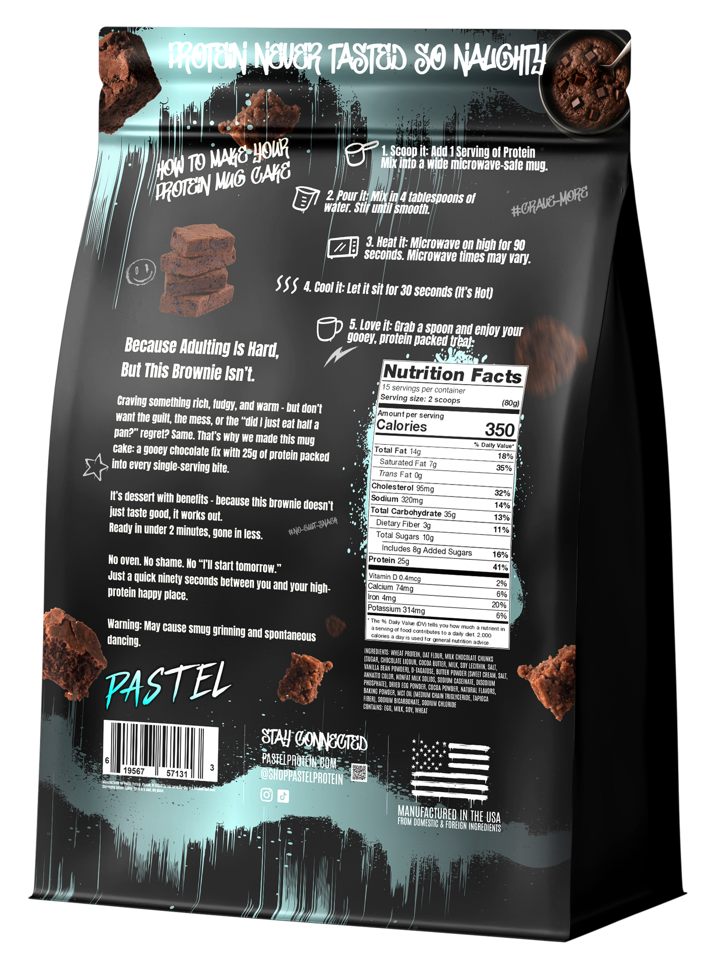 Back view of a black bag with text and graphics, featuring a nutrition label and branding.